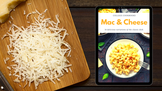 A tablet displaying a mouthwatering plate of Mac and Cheese College Cookbook from the Wondermom Wannabe recipes.