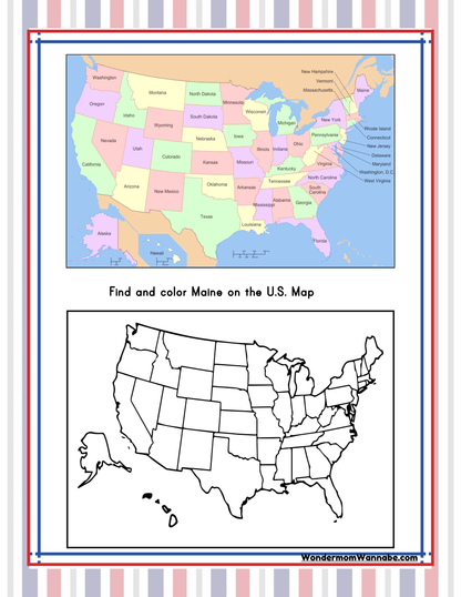 A worksheet from Wondermom Shop's "Maine Travel Guide and Activity Kit for Kids" features a colored U.S. map at the top and a blank, outlined U.S. map at the bottom, where kids can find and color Maine as part of their engaging activities about Maine.