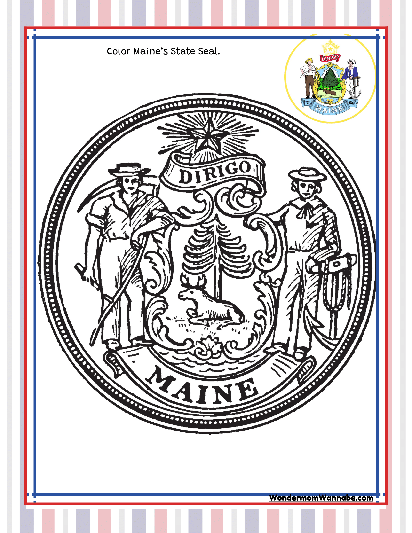 Black and white outline of Maine's state seal for coloring, featuring a farmer and sailor, a moose, a pine tree, and the motto "Dirigo" at the top. Perfect for those exploring the Wondermom Shop's "Maine Travel Guide and Activity Kit for Kids" or seeking out fun Maine activities.