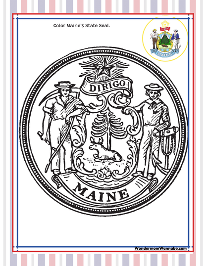 Black and white outline of Maine's state seal for coloring, featuring a farmer and sailor, a moose, a pine tree, and the motto "Dirigo" at the top. Perfect for those exploring the Wondermom Shop's "Maine Travel Guide and Activity Kit for Kids" or seeking out fun Maine activities.