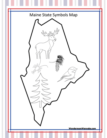 Outline map of Maine featuring state symbols such as a moose, pinecone, bee, chickadee, and pine tree. This charming depiction is perfect for the "Maine Travel Guide and Activity Kit for Kids" by Wondermom Shop.