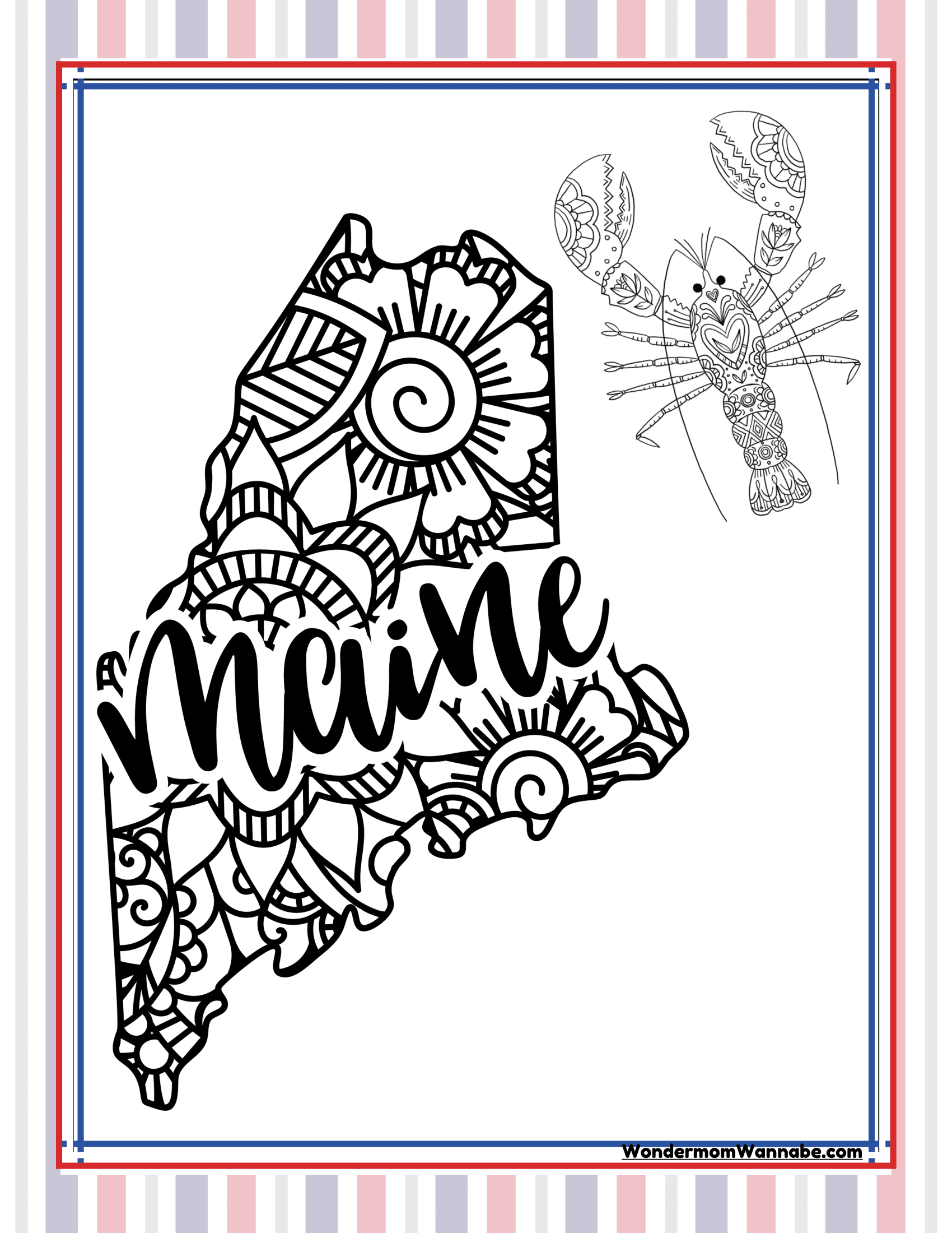 The Maine Travel Guide and Activity Kit for Kids by Wondermom Shop features a black and white outline of the state of Maine, adorned with intricate patterns and the word "Maine" in stylized script. A detailed illustration of a lobster graces the upper right corner, making it perfect for a unique travel guide cover or to highlight local Maine activities.