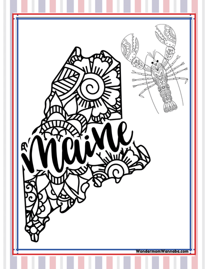 The Maine Travel Guide and Activity Kit for Kids by Wondermom Shop features a black and white outline of the state of Maine, adorned with intricate patterns and the word "Maine" in stylized script. A detailed illustration of a lobster graces the upper right corner, making it perfect for a unique travel guide cover or to highlight local Maine activities.