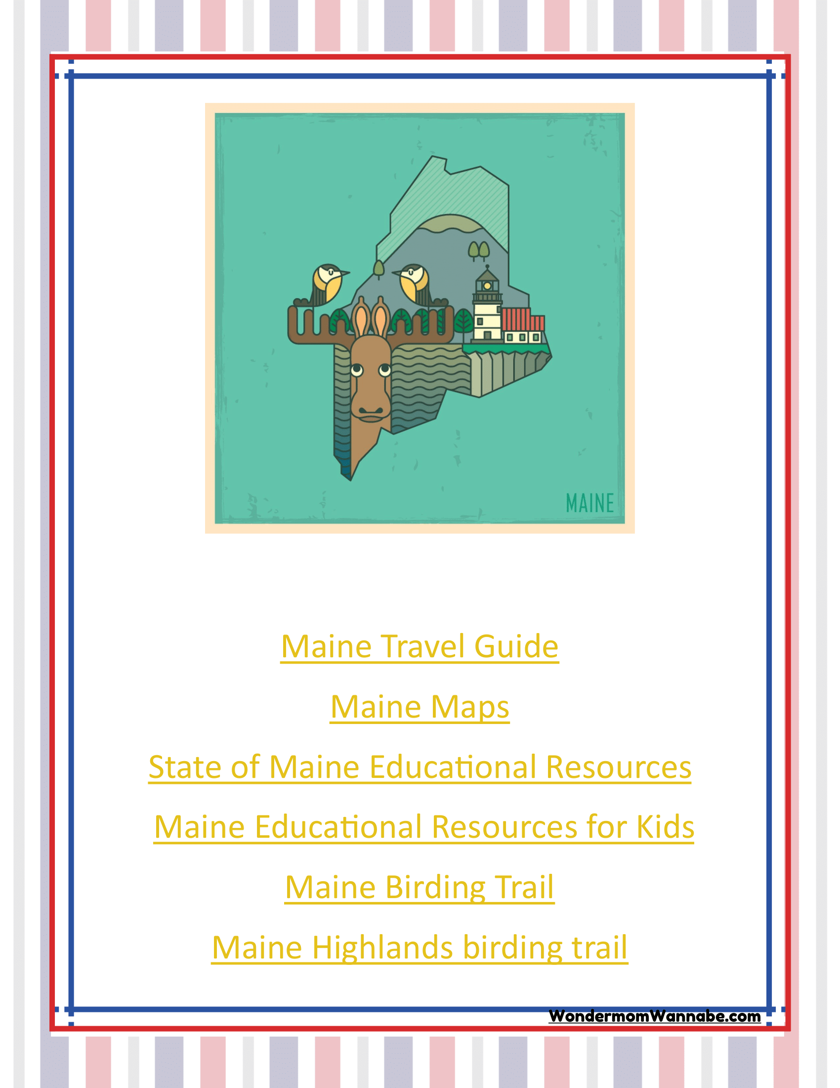 Discover the ‘Maine Travel Guide and Activity Kit for Kids’ by Wondermom Shop: a poster showcasing a stylized map of Maine, complete with links to various resources such as an extensive travel guide, maps, educational materials, and birding trails.