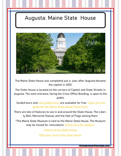 Discover the history of the Maine State House in Augusta with Wondermom Shop's "Maine Travel Guide and Activity Kit for Kids." Find essential visitor information, learn about nearby attractions like the Maine State Museum, and explore surrounding grounds. Your ultimate guide to enriching activities in Maine awaits!