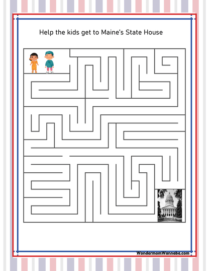 Maze with two cartoon kids at the top left. The objective is to help them reach the photo of Maine's State House at the bottom right. The maze, inspired by a Maine travel guide, is set against a striped border background and is part of the Maine Travel Guide and Activity Kit for Kids by Wondermom Shop.
