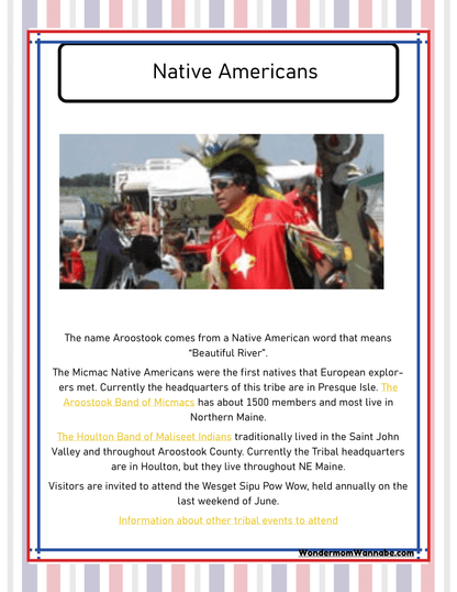 The "Native Americans" poster, featured in the Maine Travel Guide and Activity Kit for Kids by Wondermom Shop, offers insightful information about the Aroostook and Houlton Bands of Maliseet Indians, detailing their locations, populations, and an annual event held in June. This fascinating segment is an essential inclusion in any travel guide to Maine.