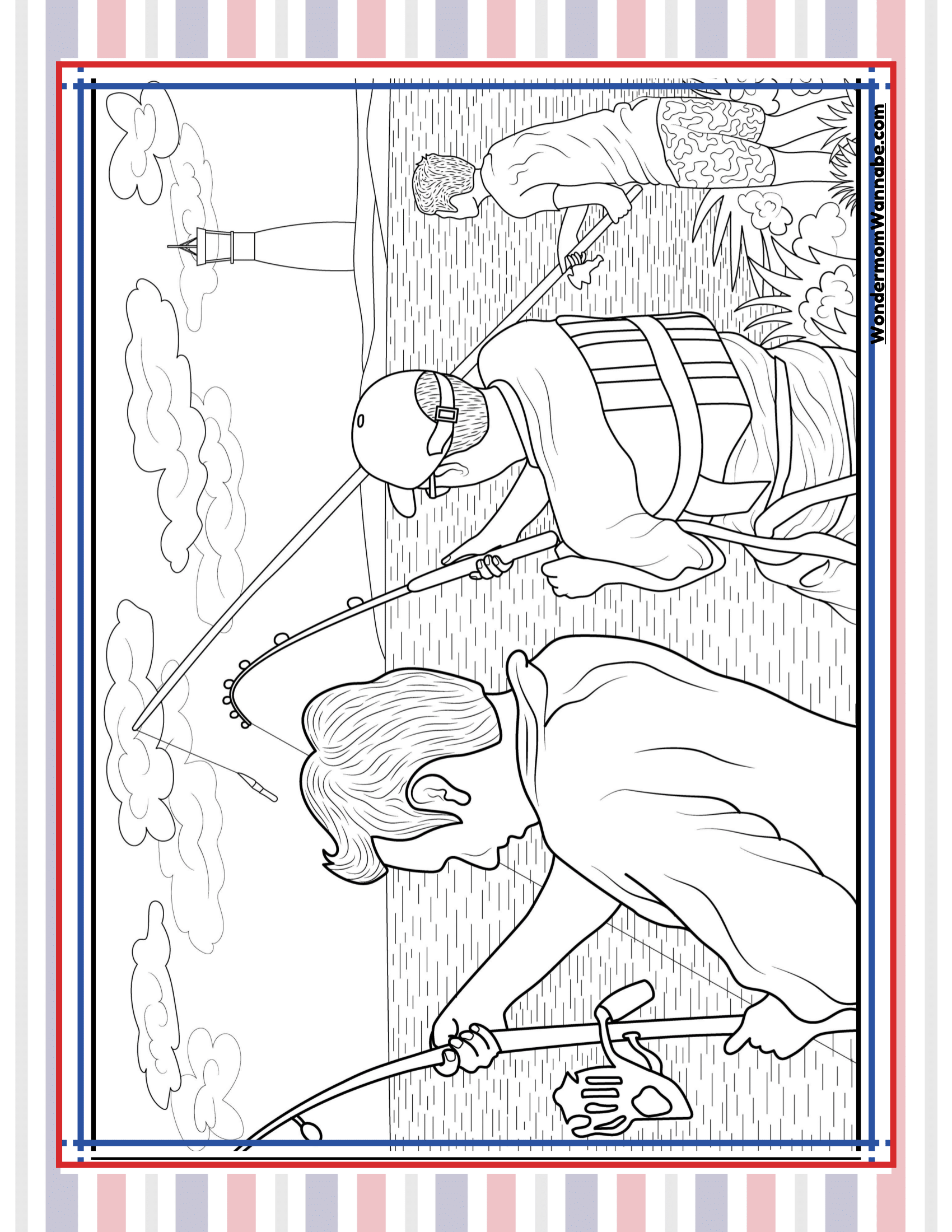 Three people are fishing by a body of water with a lighthouse in the background, capturing quintessential Maine activities. This black and white image is beautifully framed with a striped border, reminiscent of the charming illustrations found in the Maine Travel Guide and Activity Kit for Kids by Wondermom Shop.
