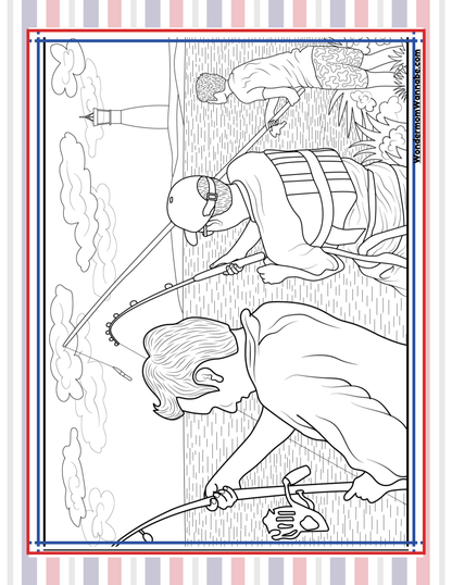 Three people are fishing by a body of water with a lighthouse in the background, capturing quintessential Maine activities. This black and white image is beautifully framed with a striped border, reminiscent of the charming illustrations found in the Maine Travel Guide and Activity Kit for Kids by Wondermom Shop.