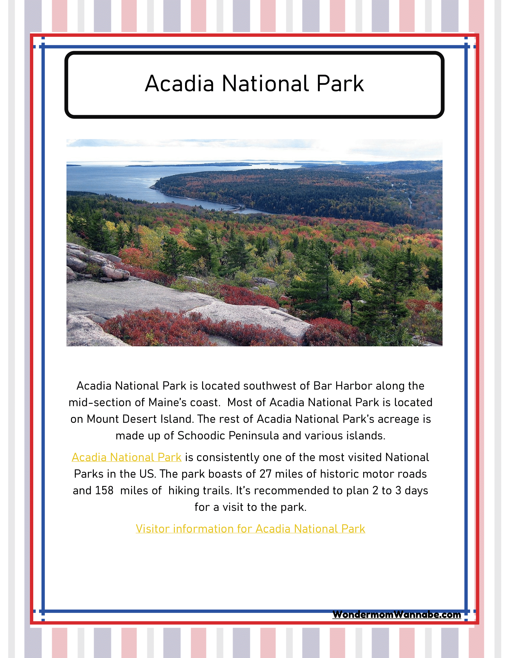 The Maine Travel Guide and Activity Kit for Kids by Wondermom Shop offers an informative and visually stunning poster of Acadia National Park, featuring a scenic photograph that captures the park's lush greenery and striking rock formations. The included text details the park's location in Maine, highlights its top attractions, and suggests an ideal visit duration—making it a perfect addition to any comprehensive guide on traveling through Maine.