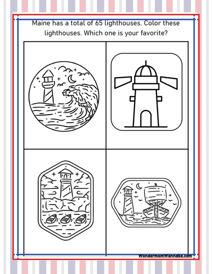 A coloring sheet from the Maine Travel Guide and Activity Kit for Kids by Wondermom Shop features four different lighthouse illustrations, accompanied by a prompt asking which one is your favorite. The border showcases red, blue, and gray stripes, capturing the coastal charm highlighted in any Maine travel guide.