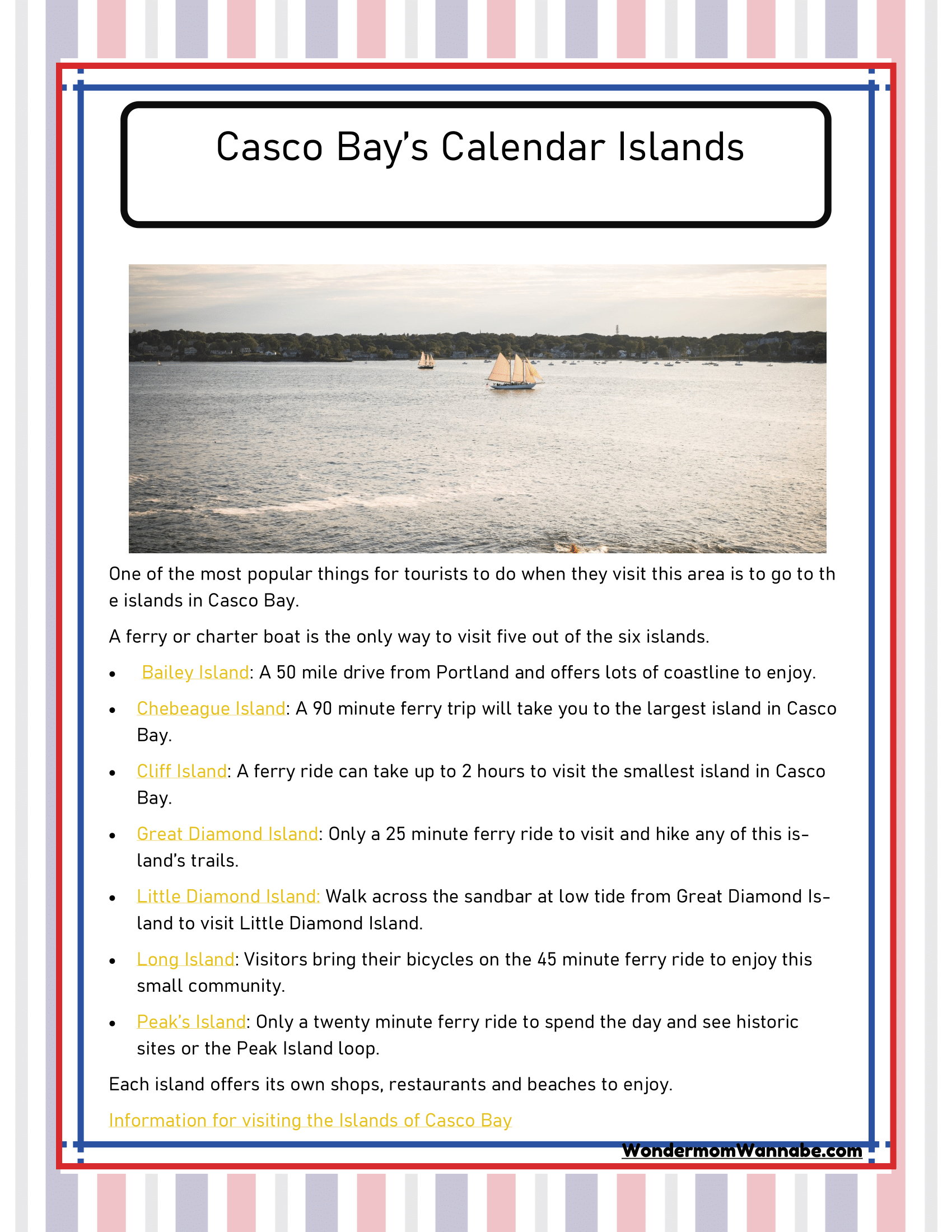 A flyer titled "Casco Bay’s Calendar Islands" serves as an essential travel guide from Wondermom Shop, featuring the "Maine Travel Guide and Activity Kit for Kids." It lists touristic information about various islands in Casco Bay, including Bailey Island, Chebeague Island, Cliff Island, and Great Diamond Island.