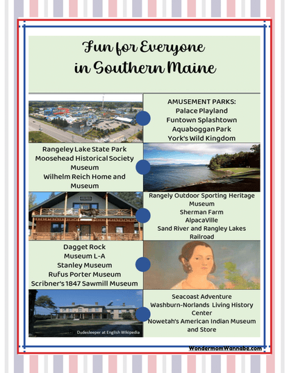 A flyer titled "Maine Travel Guide and Activity Kit for Kids" by Wondermom Shop serves as a comprehensive Southern Maine travel guide, listing various amusement parks, historical sites, museums, and other attractions with images depicting each location.