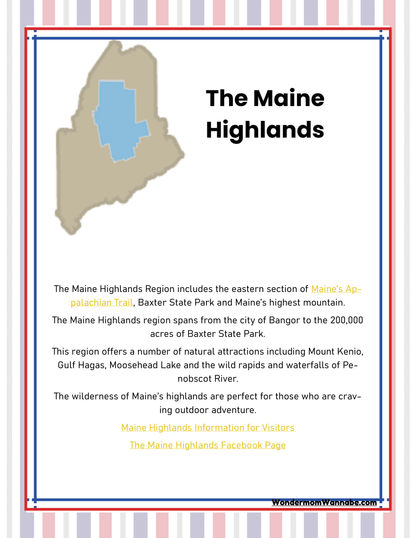 A promotional image for The Maine Highlands featuring a map of the region and information on its attractions, including nature areas and the Appalachian Trail. This ultimate "Maine Travel Guide and Activity Kit for Kids" by Wondermom Shop offers links at the bottom for more info on Maine activities.