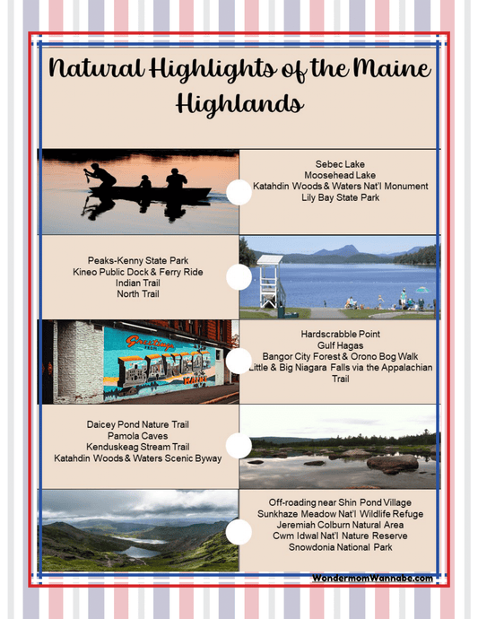 A poster titled "Natural Highlights of the Maine Highlands" from Wondermom Shop's "Maine Travel Guide and Activity Kit for Kids" showcases images and brief descriptions of various natural attractions such as parks, lakes, trails, and scenic byways, making it an ideal travel guide for exploring Maine.