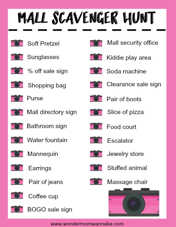The VIP Vault Mall Scavenger Hunt is a pink-themed mall scavenger hunt list with 25 items, including soft pretzel, sunglasses, shopping bag, purse, bathroom sign, water fountain, mannequin, earrings, coffee cup, and massage chair. This free printable scavenger hunt is the perfect digital product for a fun-filled activity set.