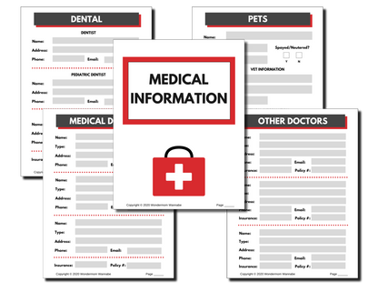 Image showing the In Case of Emergency Binder (Fillable PDF) by Wondermom Shop, with forms titled "DENTAL," "PETS," "MEDICAL INFORMATION," "MEDICAL DOCTORS," and "OTHER DOCTORS." Each form includes fields for name, address, phone, email, and additional specific information.