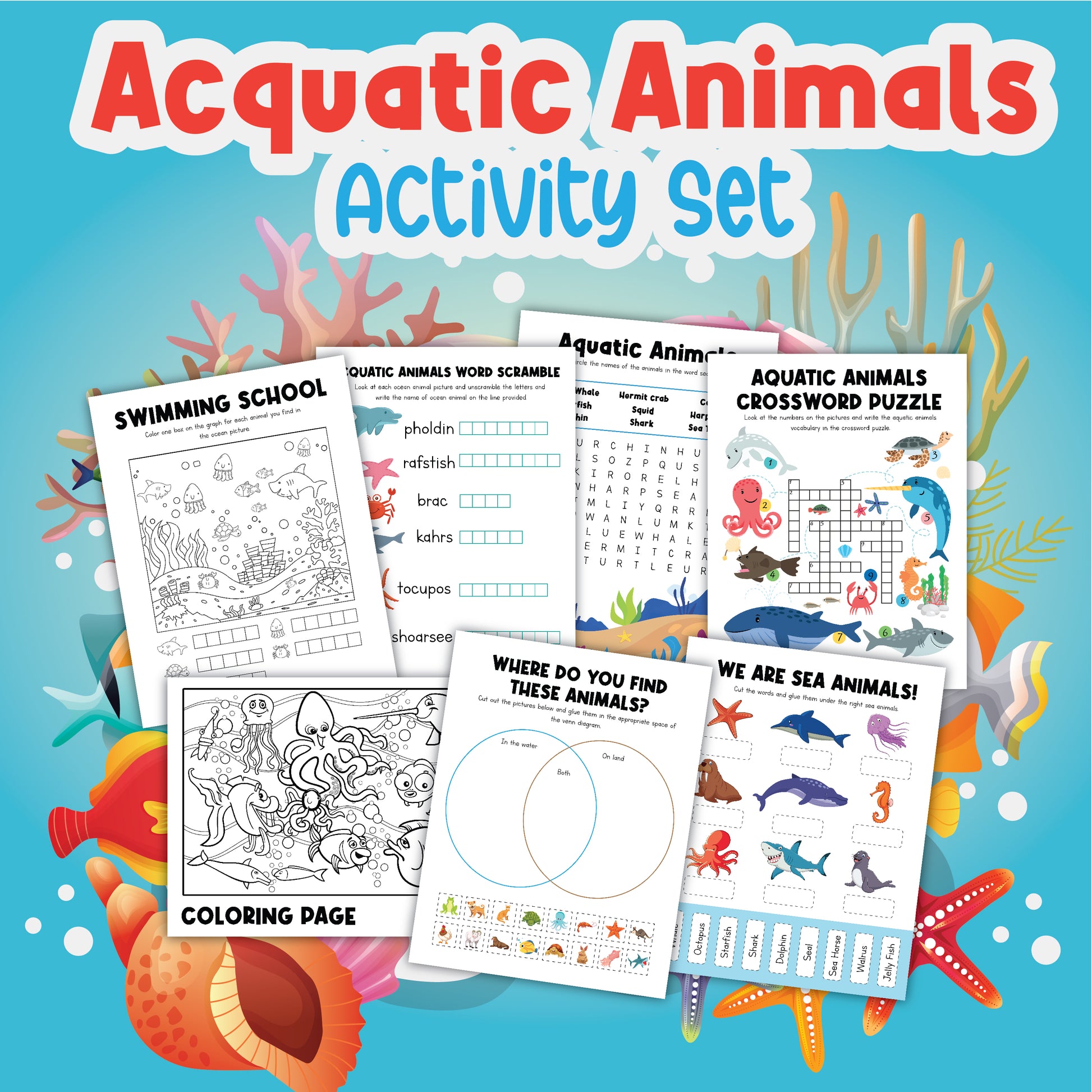 Explore the Aquatic Animals Activity Set by Wondermom Shop, a digital product brimming with educational activities. This set includes a variety of worksheets such as a word scramble, unscramble the words, a crossword puzzle, coloring pages, matching activity, and an informational sheet about sea animals.