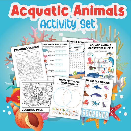 Explore the Aquatic Animals Activity Set by Wondermom Shop, a digital product brimming with educational activities. This set includes a variety of worksheets such as a word scramble, unscramble the words, a crossword puzzle, coloring pages, matching activity, and an informational sheet about sea animals.