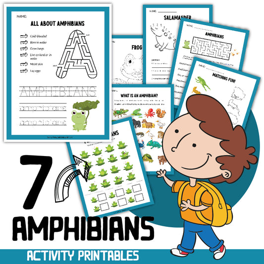Check out the Amphibians Activity Kit by Wondermom Shop! This illustrated kids activity book features a collection of seven amphibian-themed printables, including engaging educational exercises like matching games, mazes, and a character study of frogs and salamanders.