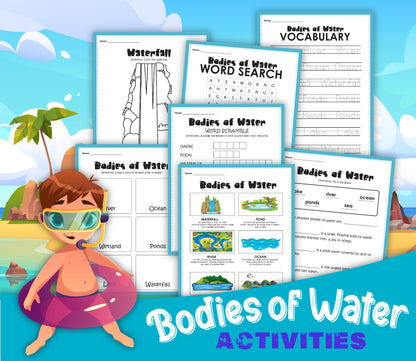 A digital product titled "Bodies of Water Activity Set" from Wondermom Shop features educational activities like word searches, vocabulary lists, and diagrams, complete with an illustration of a child in swimming gear by the sea.