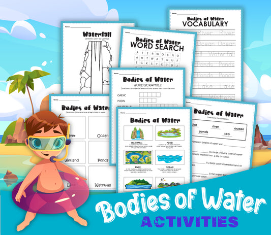 A digital product titled "Bodies of Water Activity Set" from Wondermom Shop features educational activities like word searches, vocabulary lists, and diagrams, complete with an illustration of a child in swimming gear by the sea.