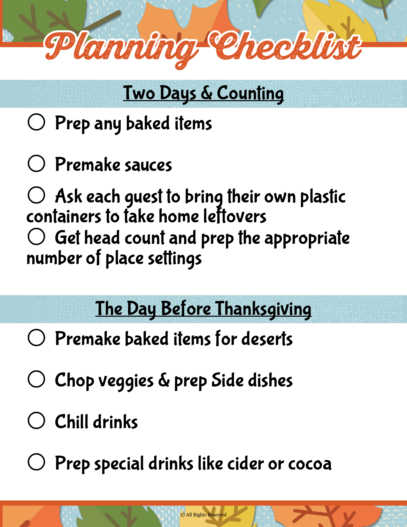 Printable Wondermom Shop Thanksgiving planner.
