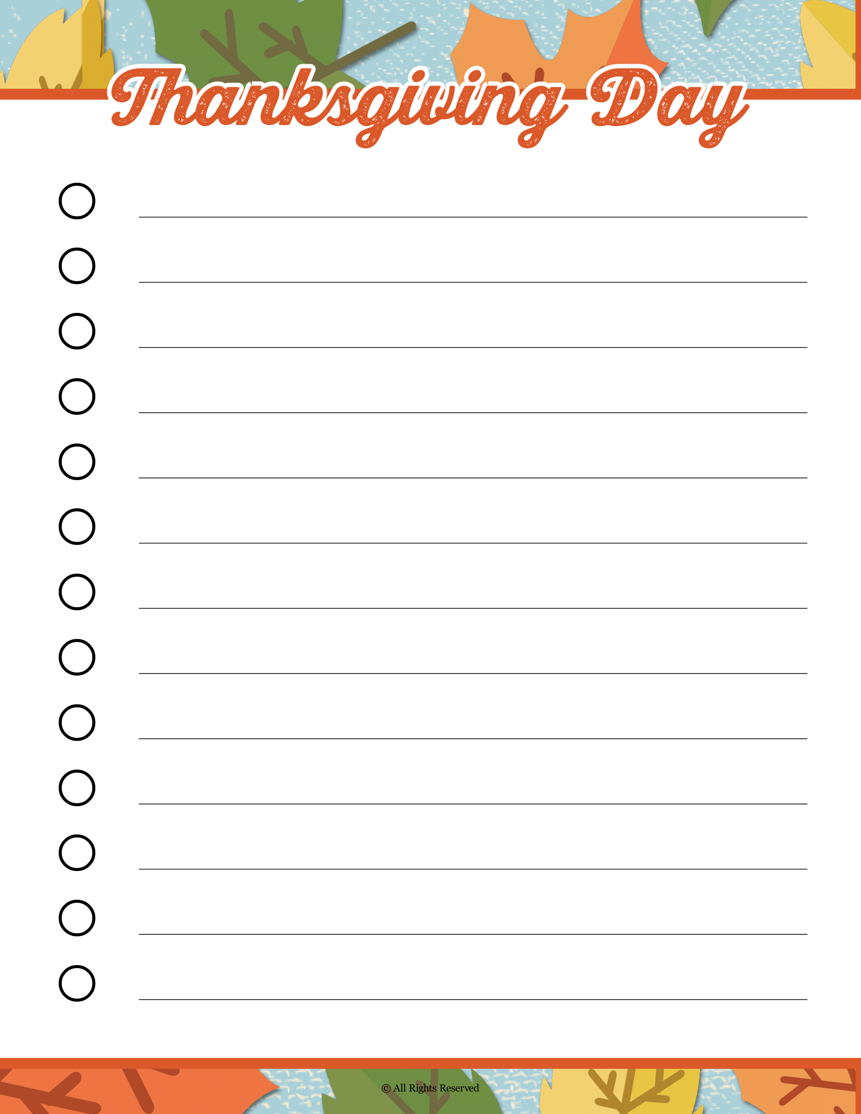 A printable Wondermom Shop Thanksgiving Planner adorned with leaves and the words "Thanksgiving Day".