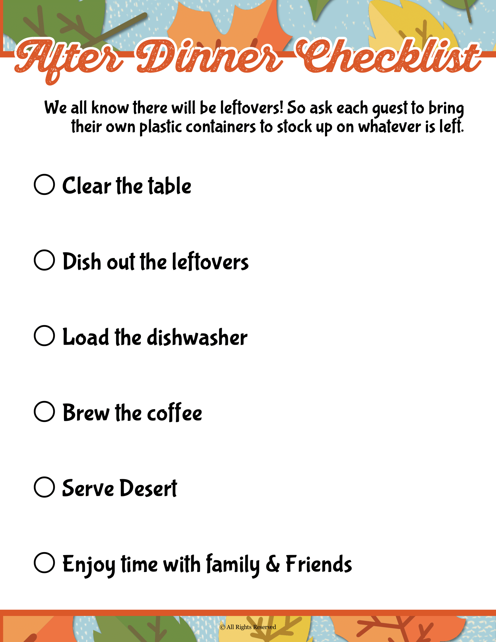 A printable Thanksgiving Wondermom Shop after dinner checklist Thanksgiving Planner.