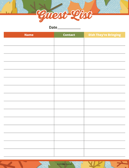 A printable guest list with autumn leaves, perfect for Wondermom Shop's Thanksgiving Planner.