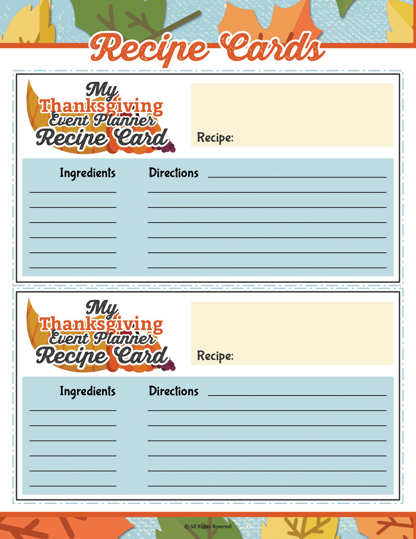 Printable Wondermom Shop Thanksgiving Planner recipe cards.