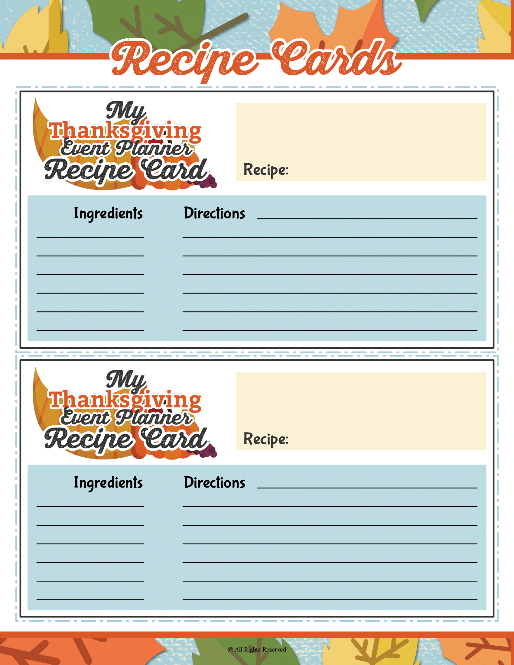 Printable Wondermom Shop Thanksgiving Planner recipe cards.