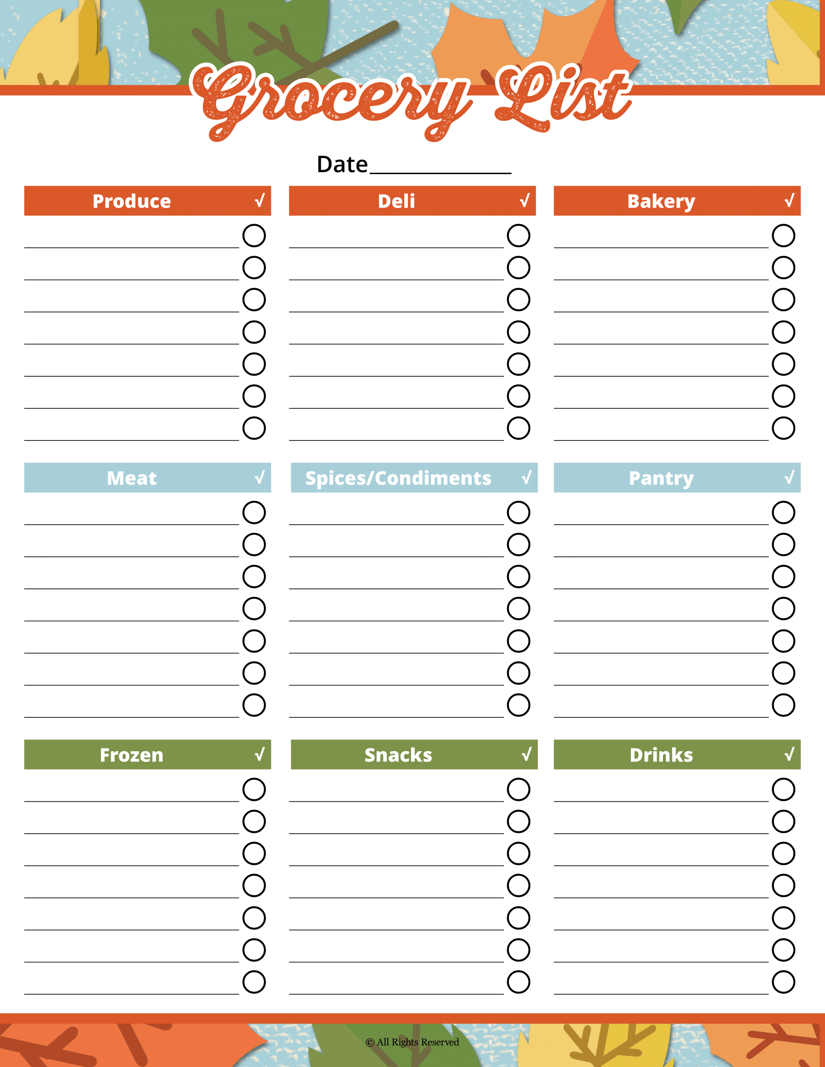 Printable Thanksgiving grocery list with fall leaves for your Wondermom Shop Thanksgiving Planner.