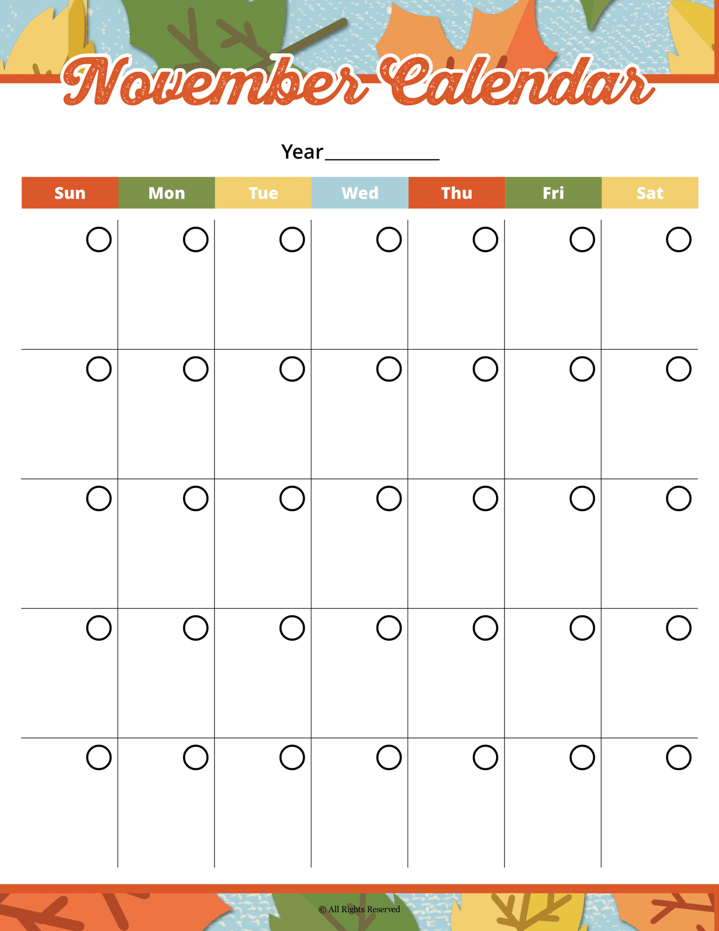 A printable November calendar with leaves on it, perfect for Thanksgiving planning - The Wondermom Shop's Thanksgiving Planner.
