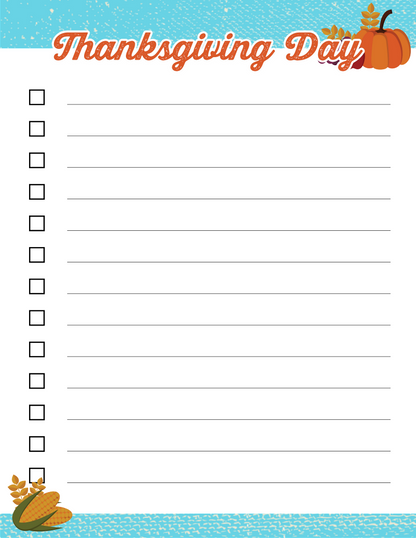 A printable Wondermom Shop Thanksgiving planner with a turkey and pumpkins.