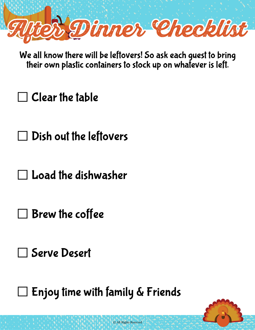 A Wondermom Shop Thanksgiving Planner for an after dinner checklist.