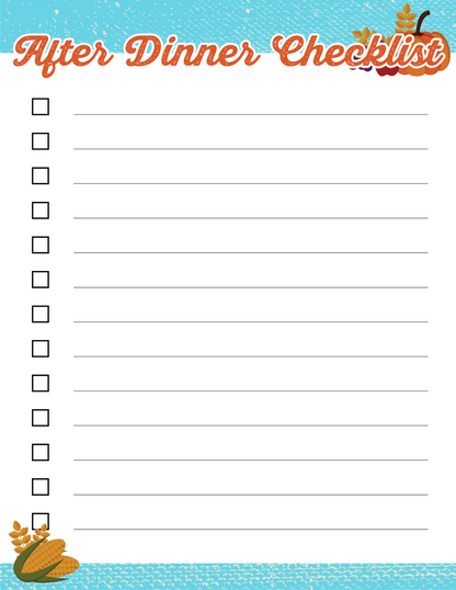 A printable Wondermom Shop Thanksgiving Planner after-dinner checklist.