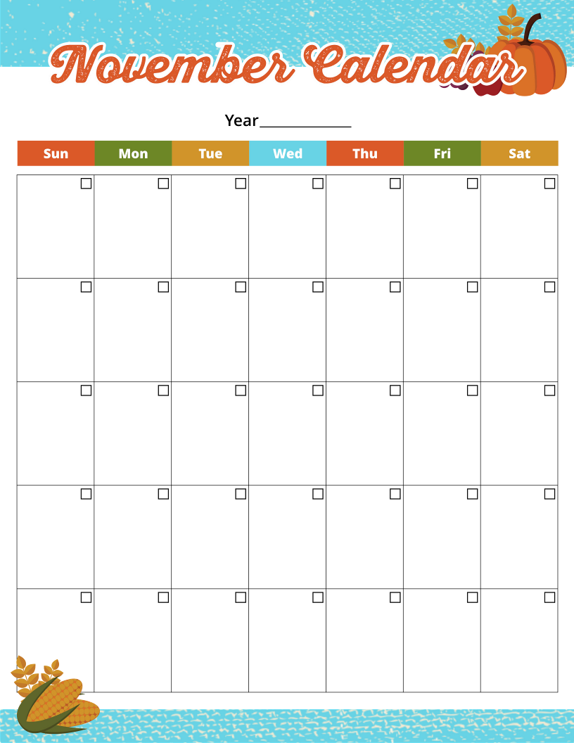 A printable November calendar with pumpkins and leaves, perfect for Wondermom Shop Thanksgiving Planner.