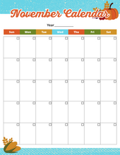 Load image into Gallery viewer, A printable November calendar with pumpkins and leaves, perfect for Wondermom Shop Thanksgiving Planner.
