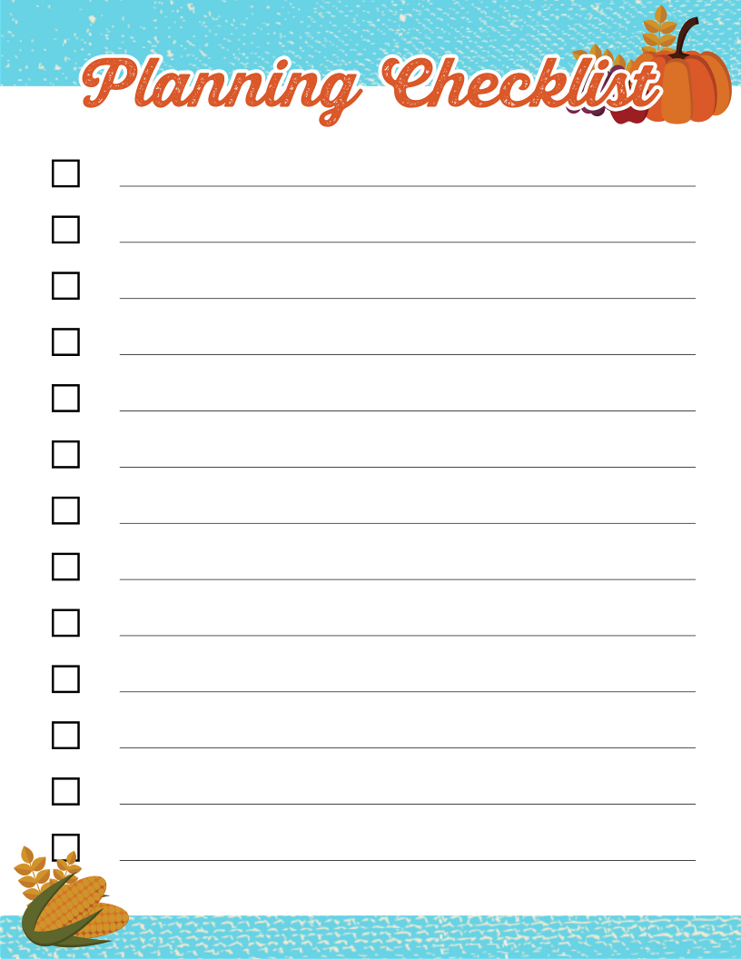 A Wondermom Shop Thanksgiving Planner adorned with pumpkins and leaves on a blue background.