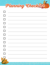 Load image into Gallery viewer, A Wondermom Shop Thanksgiving Planner adorned with pumpkins and leaves on a blue background.
