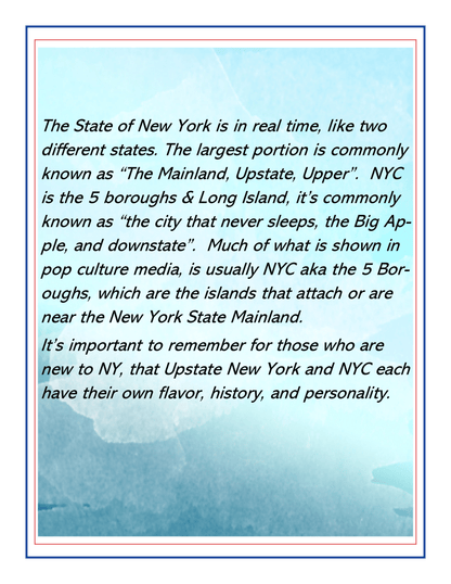 Introducing the *Upstate New York Travel Guide and Activity Kit for Kids* by Wondermom Shop. This detailed guide captures the contrasts between mainland Upstate New York and the bustling vibe of New York City. It highlights NYC’s famous nicknames and distinct character in comparison to Upstate's unique flavors, history, and personality. Perfect for young explorers, this travel kit provides essential information to help families appreciate both regions' unique charms.