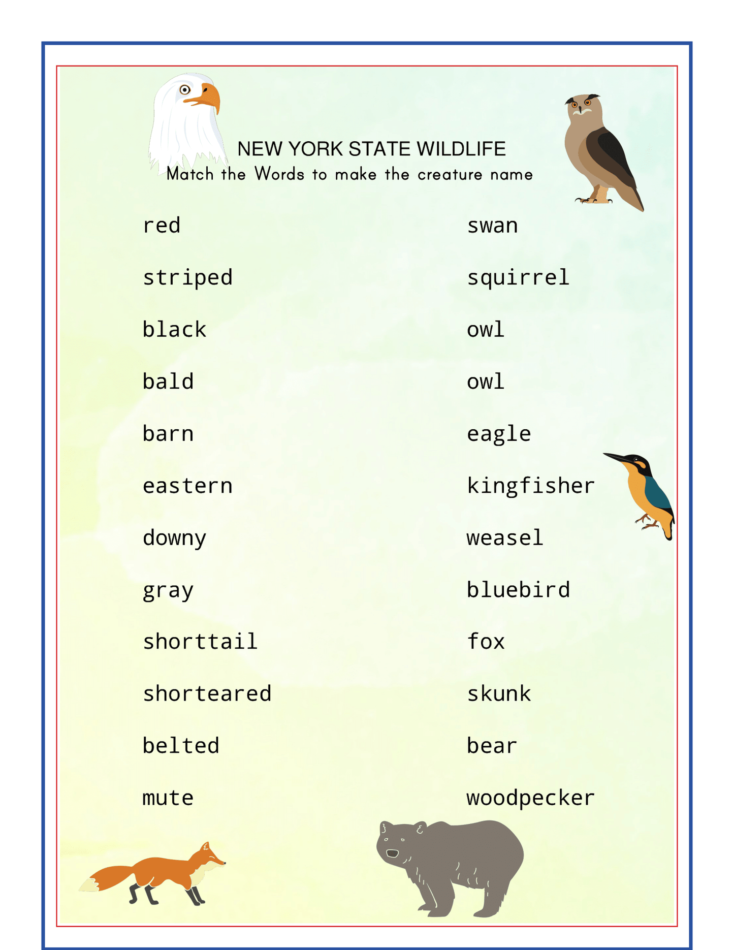 The "Upstate New York Travel Guide and Activity Kit for Kids" by Wondermom Shop includes a worksheet titled "New York State Wildlife." This worksheet features a word list where children match adjectives and animal names to form creature names. The page is illustrated with an eagle, owl, kingfisher, fox, and bear, offering an engaging way to learn about the diverse fauna found in Upstate New York.