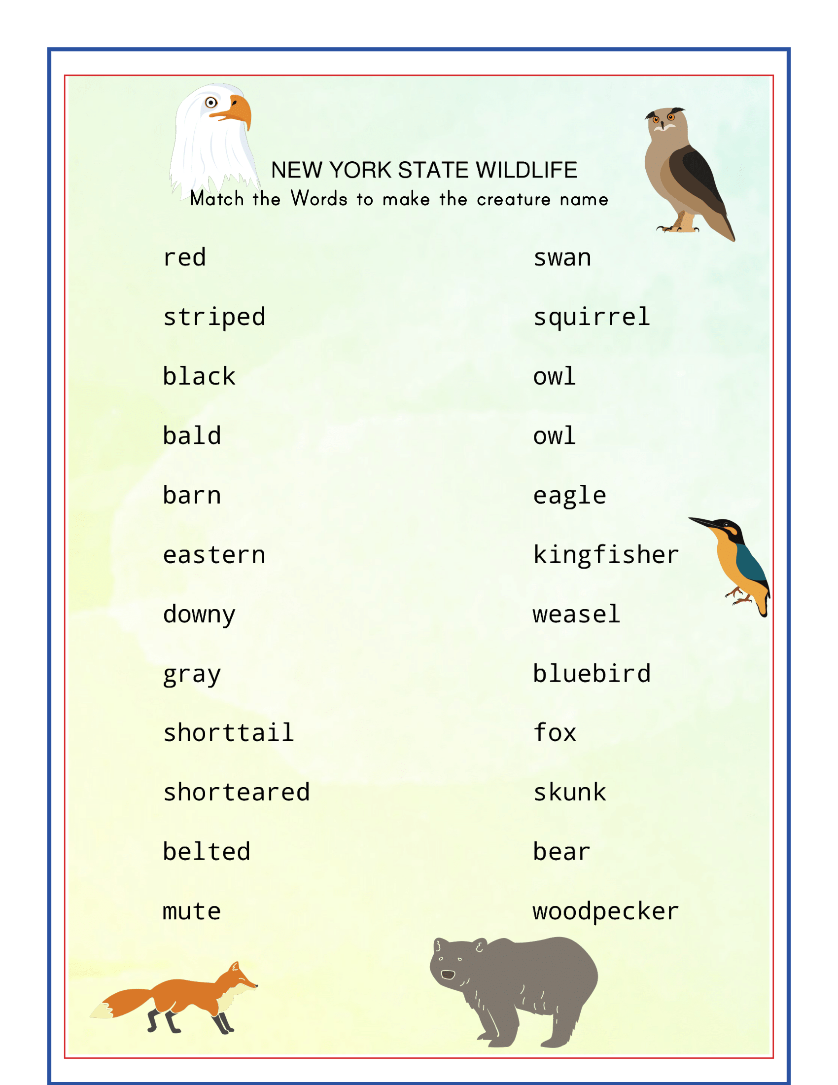 The "Upstate New York Travel Guide and Activity Kit for Kids" by Wondermom Shop includes a worksheet titled "New York State Wildlife." This worksheet features a word list where children match adjectives and animal names to form creature names. The page is illustrated with an eagle, owl, kingfisher, fox, and bear, offering an engaging way to learn about the diverse fauna found in Upstate New York.