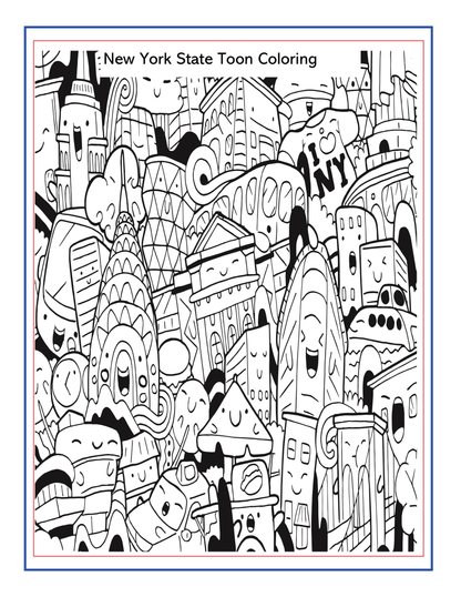 A whimsical addition to any Upstate New York Travel Guide and Activity Kit for Kids by Wondermom Shop, this detailed black-and-white coloring page features cartoon-style New York City landmarks and buildings, including smiling skyscrapers, the Statue of Liberty, and other city structures.
