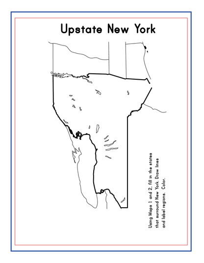 Explore the Upstate New York Travel Guide and Activity Kit for Kids by Wondermom Shop, featuring a black and white outline map of Upstate New York with clear state boundaries. Detailed instructions at the bottom encourage using specific colors for lakes and labeling the state, making it an ideal resource for a travel guide or any New York State information project.