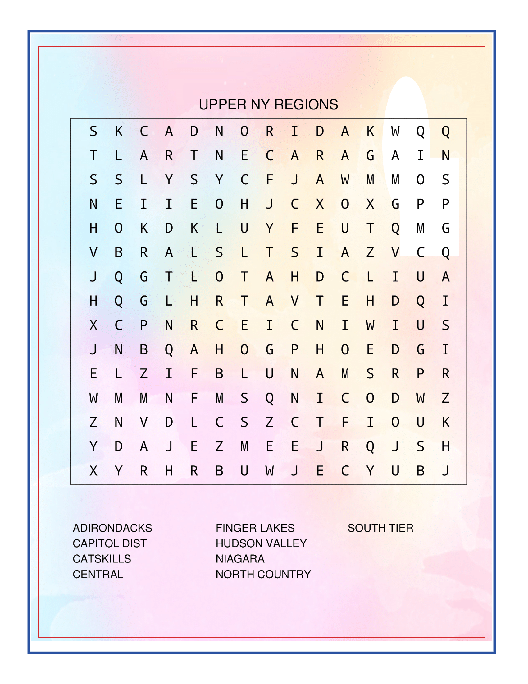 The "Upstate New York Travel Guide and Activity Kit for Kids" by Wondermom Shop includes a word search puzzle titled "Upper NY Regions," featuring words like Adirondacks, Capitol District, Catskills, among others. This engaging activity doubles as a travel guide to Upstate New York where words can be found horizontally, vertically, or diagonally.