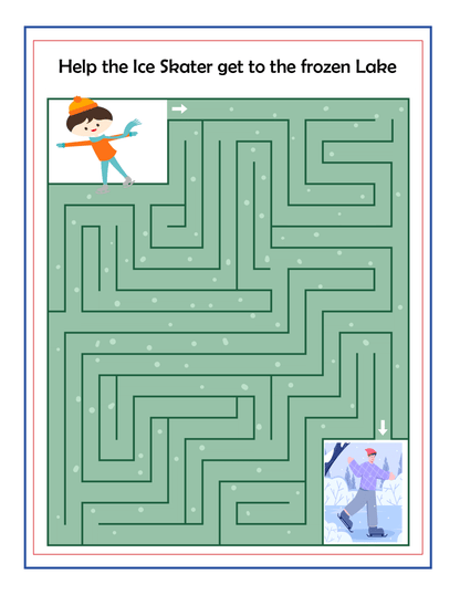 Guide kids through a winter wonderland in Upstate New York with the "Upstate New York Travel Guide and Activity Kit for Kids" by Wondermom Shop. Task: "Help the Ice Skater get to the Frozen Lake." Snowflakes are scattered throughout the green maze, capturing the essence of a frosty adventure.