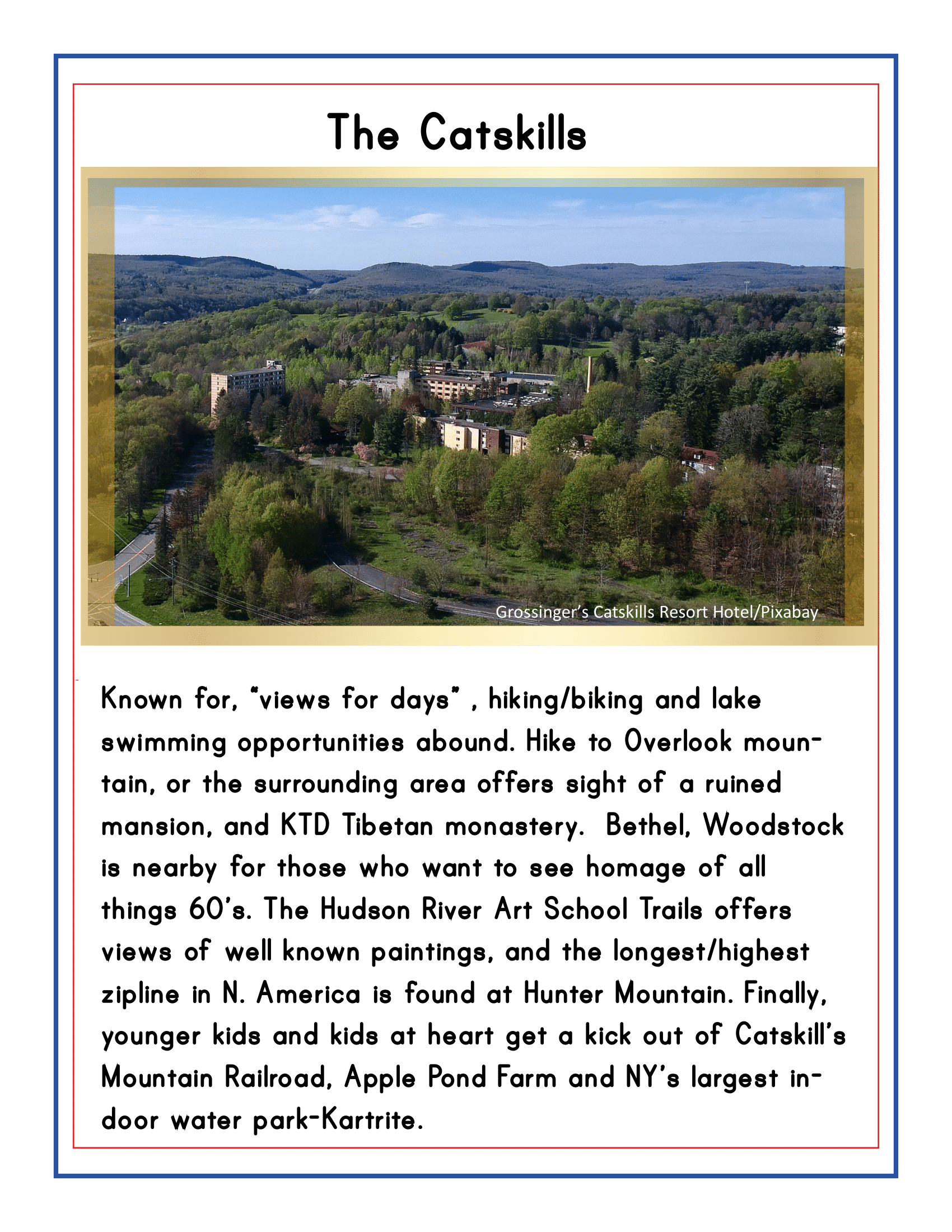 A flyer titled "Upstate New York Travel Guide and Activity Kit for Kids" by Wondermom Shop features an image of a resort nestled in the Catskills Mountains. The text, presented as a travel guide, describes family-friendly activities such as hiking, biking, art exploration, and outdoor attractions in the area. Highlights include a thrilling water park and the longest zipline in Upstate New York.