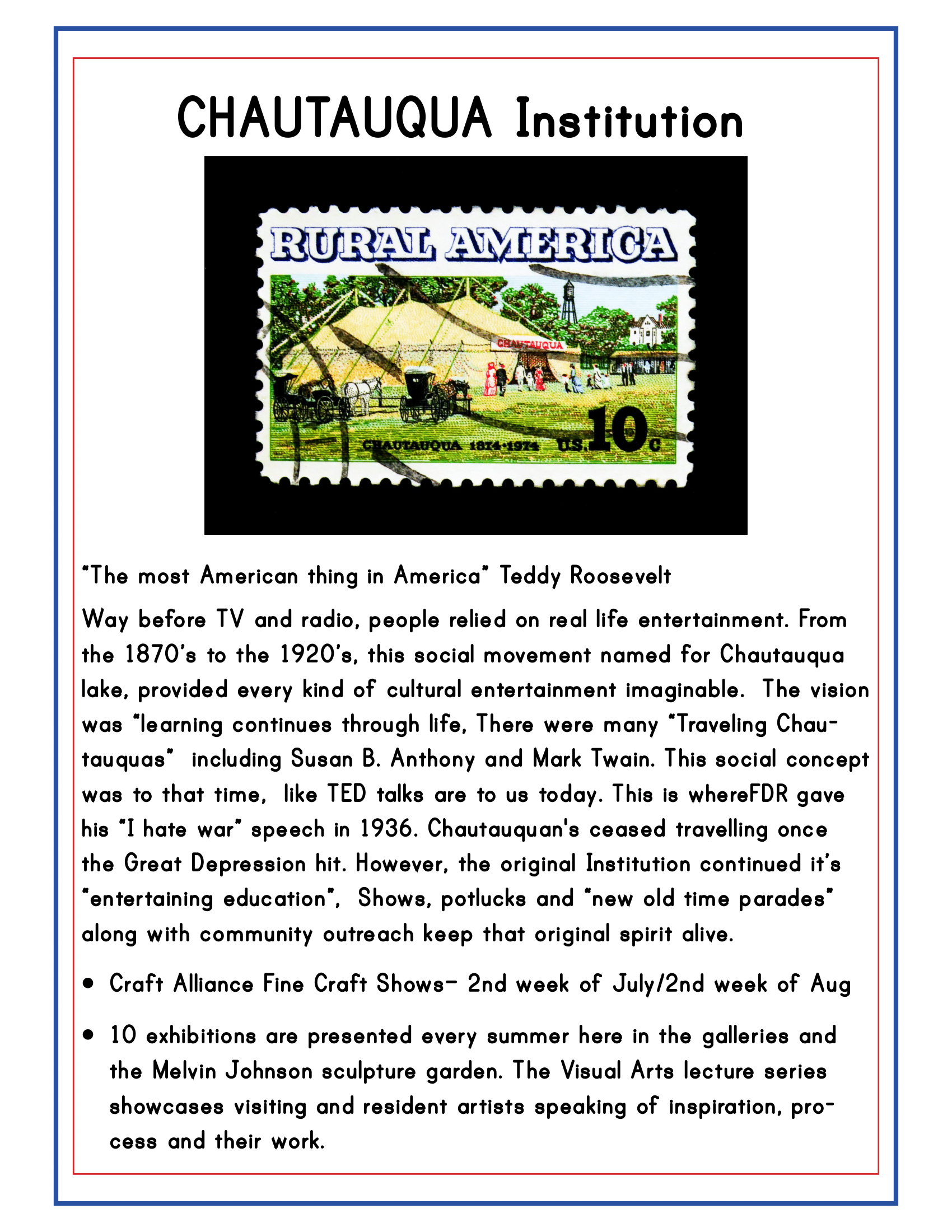 Poster about the Chautauqua Institution in Upstate New York, detailing its role in bringing education and entertainment to rural America. Featuring a stamp image and information on speaking events, performances, and craft shows. Perfect for your Wondermom Shop's Upstate New York Travel Guide and Activity Kit for Kids!
